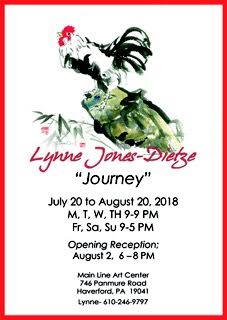 flier for Main Line Arts Show July 20-August 20, 2018 Opening Reception August 2, 6-8PM